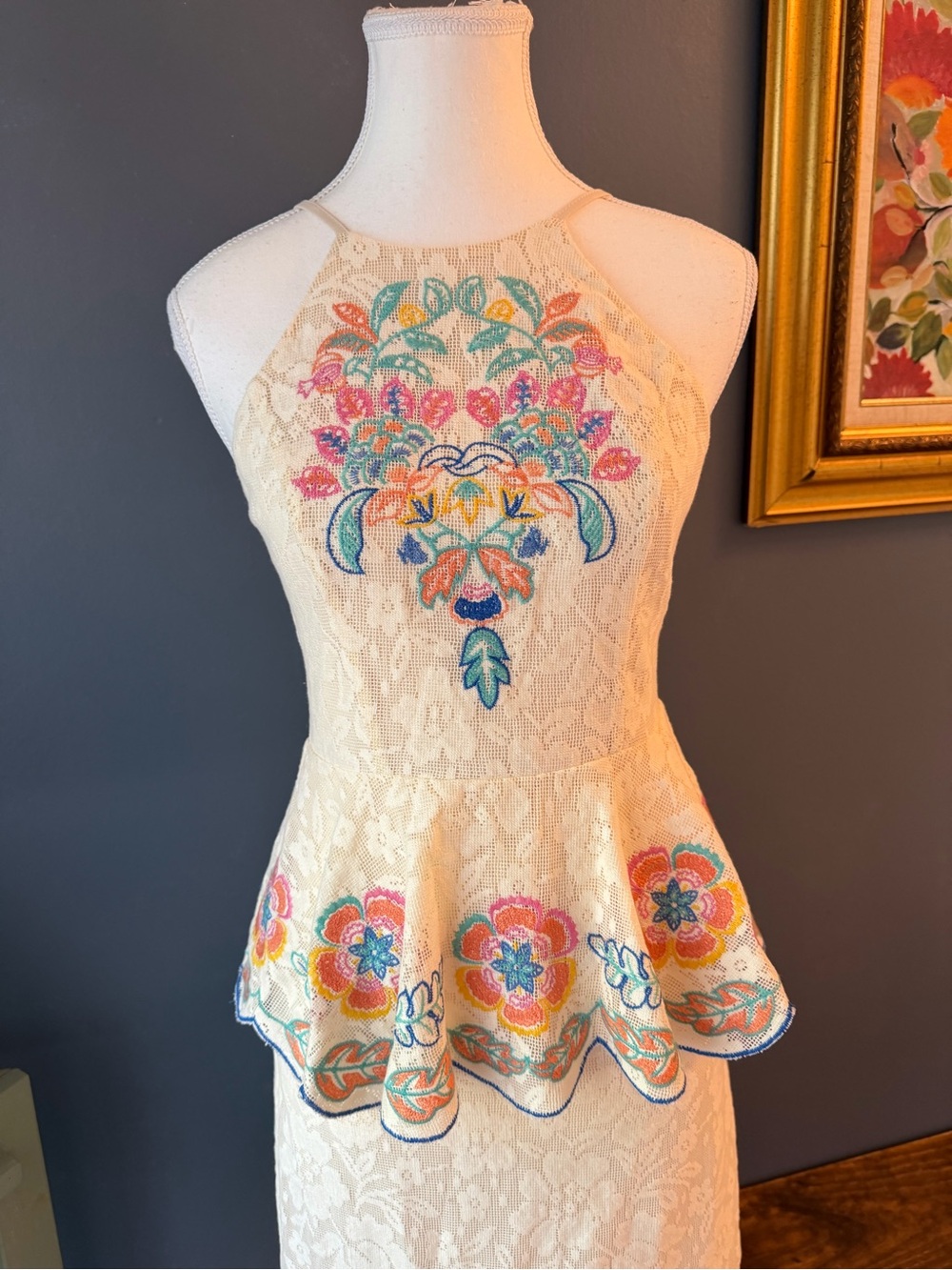 Embroidered Ivory Lace Peplum Midi Dress - Picture 2 of 8